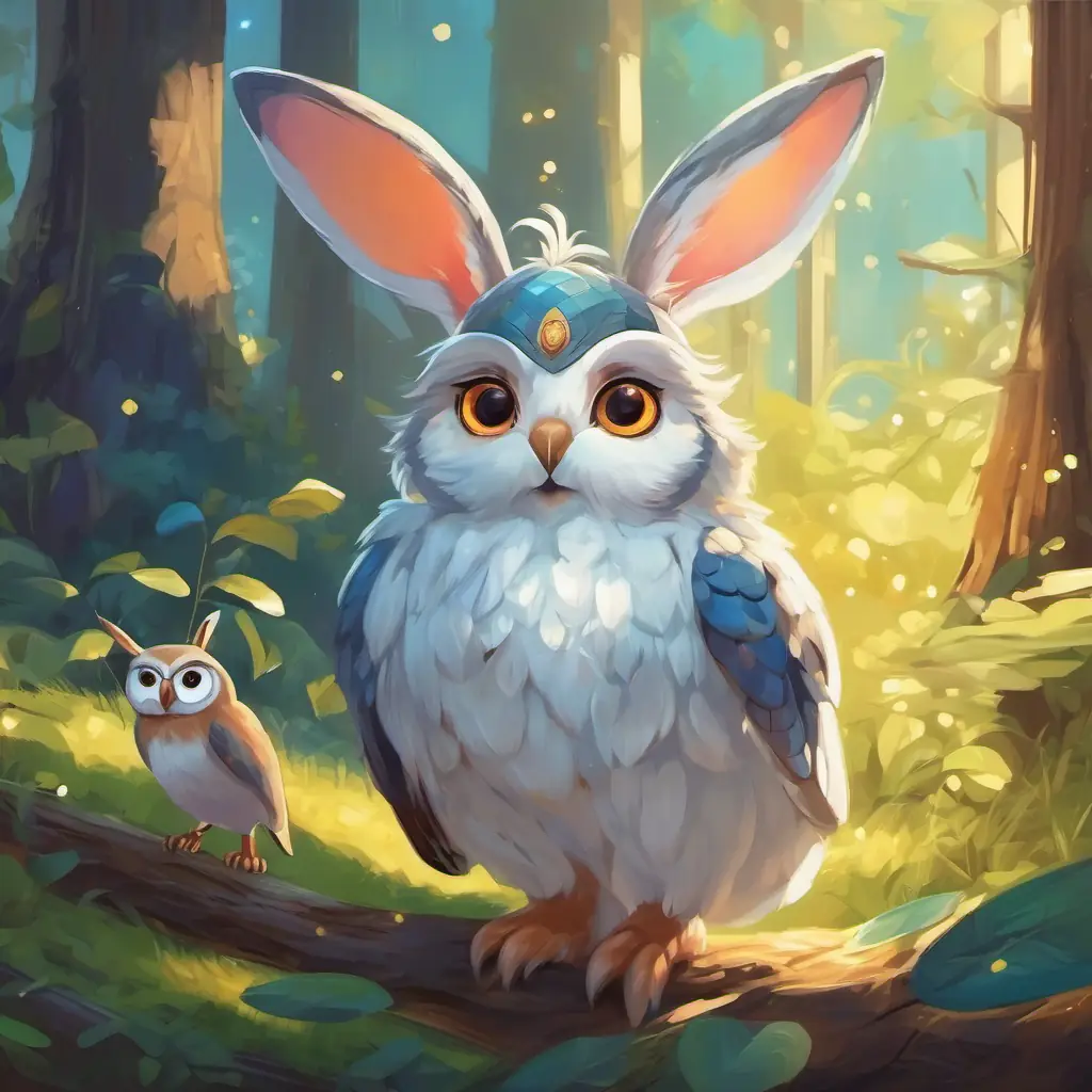 A bunny with floppy ears and a friendly owl with wide wings and sparkling eyes.