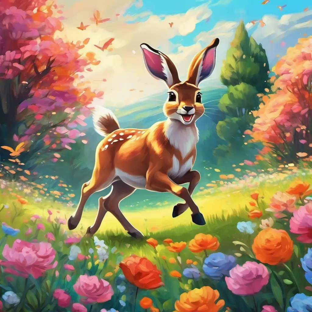 A field of colorful flowers with a graceful deer leaping in the distance, and a bunny with floppy ears and an excited expression.