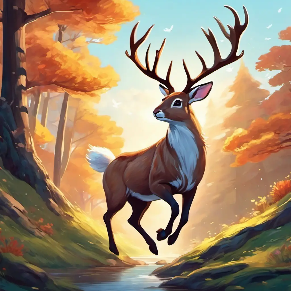 A bunny with floppy ears and a graceful deer with flowing antlers leaping in the air.