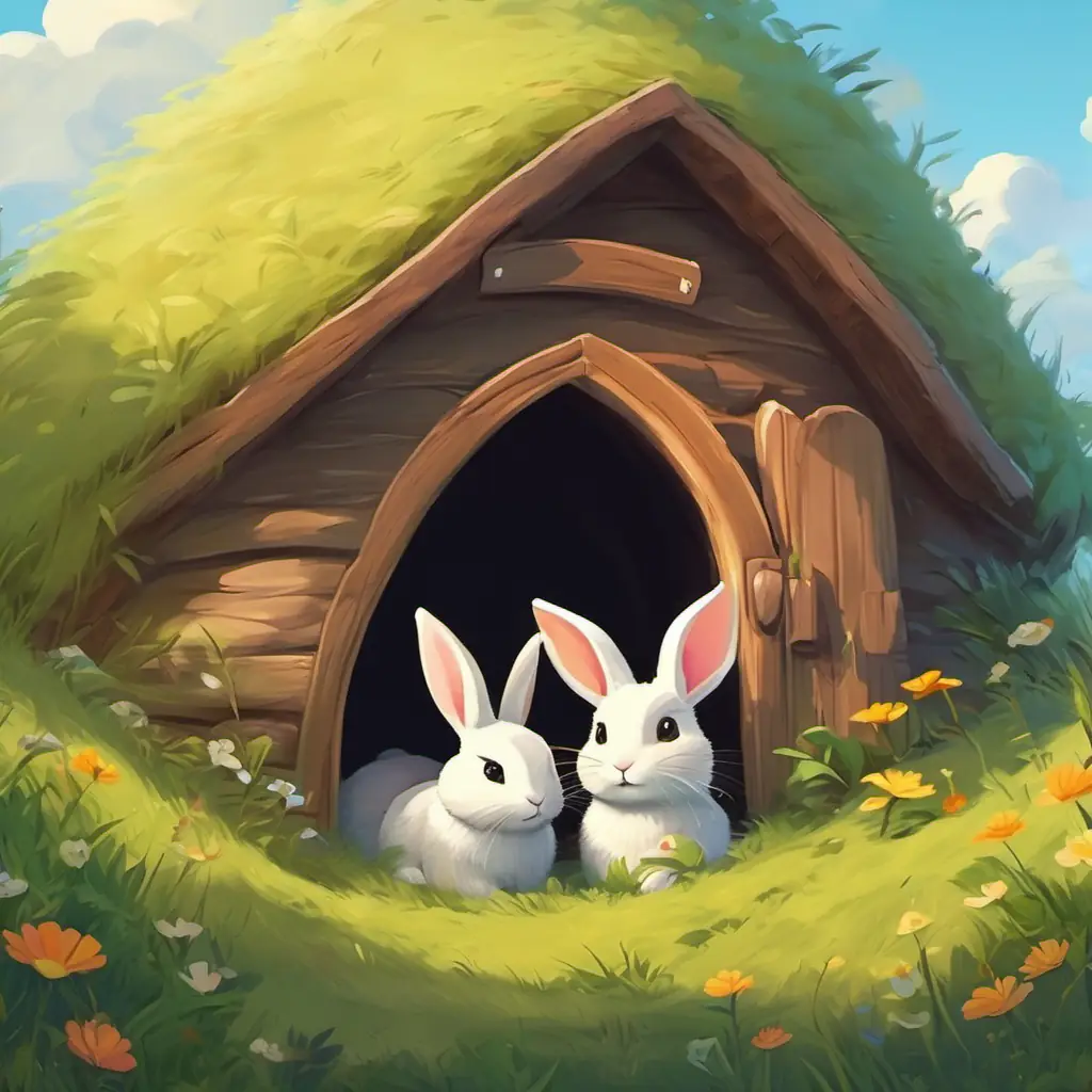 A cozy burrow with a bunny nestled inside, surrounded by the meadow and the friends he made.
