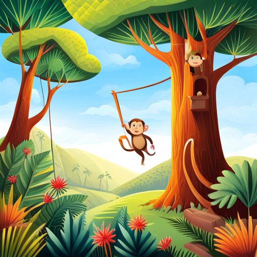 A jungle scene with a monkey swinging on trees, and a dog wagging its tail