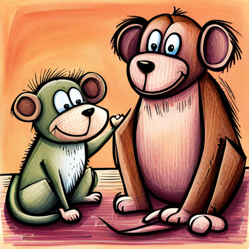 A small brown monkey with a mischievous grin and dog sitting together, smiling and listening to each other