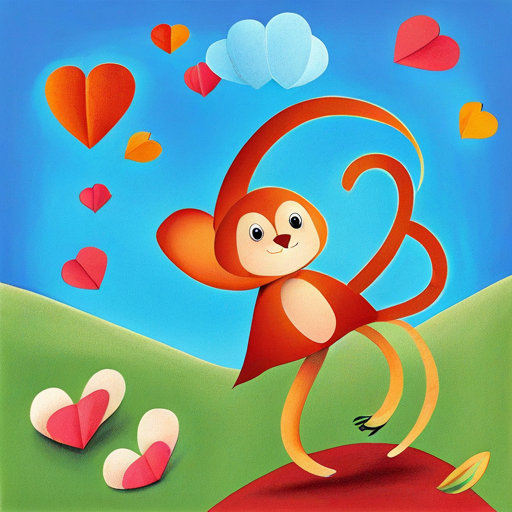A small brown monkey with a mischievous grin and dog waving goodbye, with hearts floating in the air