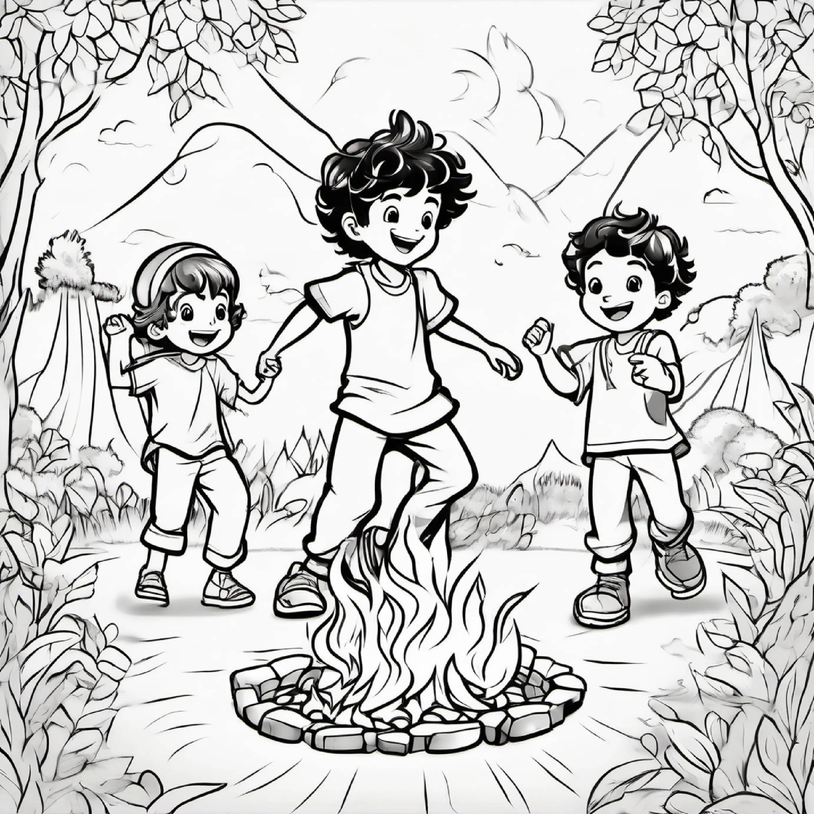 Little 4 years old boy, curly dark hair, brown eyes, excited smile is dancing with friends around the fire, festival