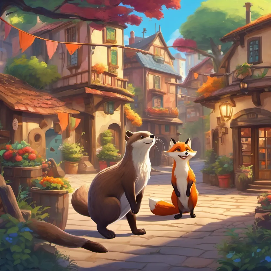 A lively town with vibrant colors, a playful otter standing next to an energetic fox.