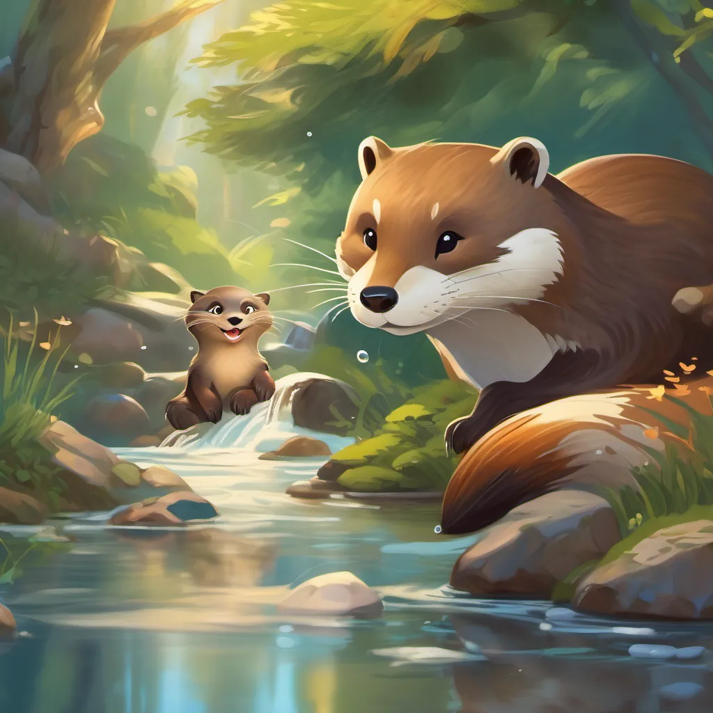 An otter looking around with excitement, next to a fox laughing near a bubbling brook.