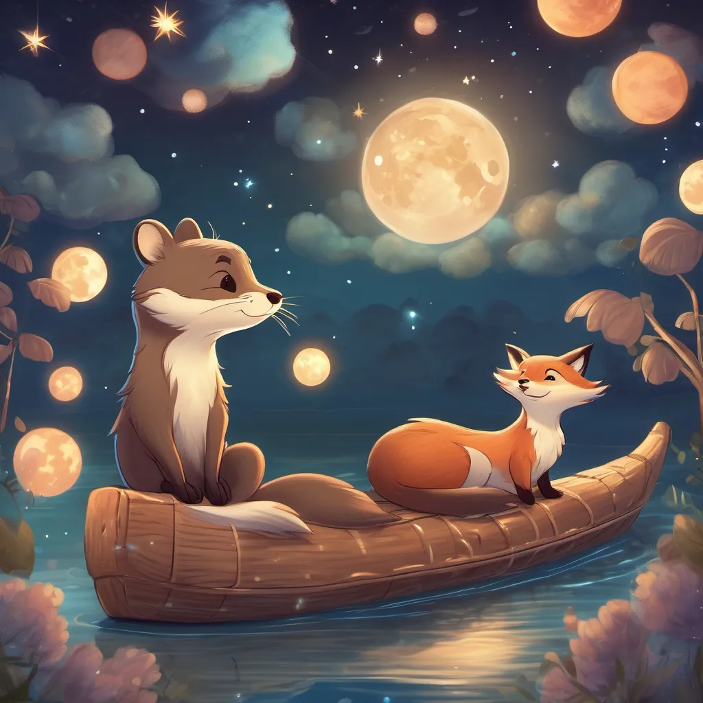An otter and fox lying on a raft under a starry sky, with dreamy expressions looking towards tomorrow.
