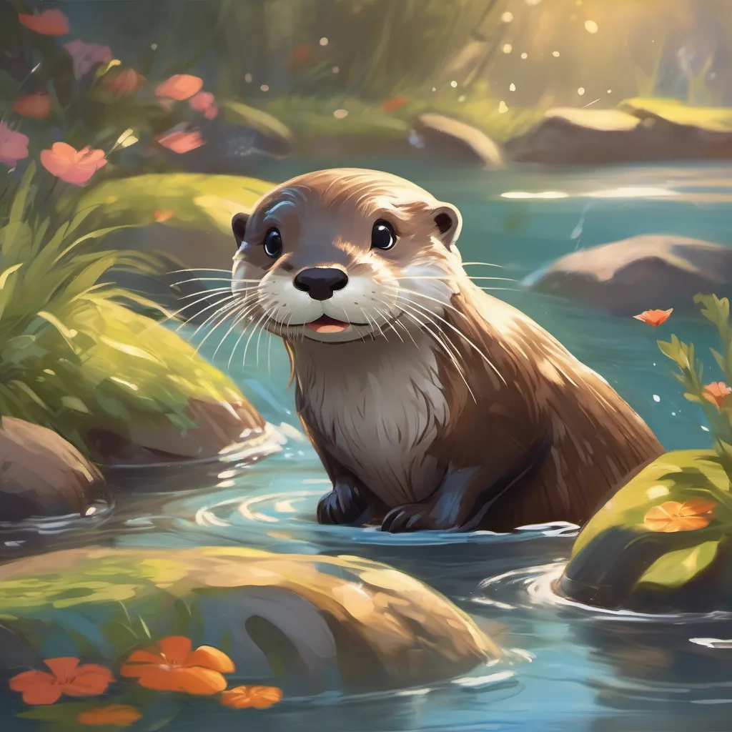 a curious otter with bright eyes and a playful demeanor the otter sliding joyfully down a river, water splashing around.