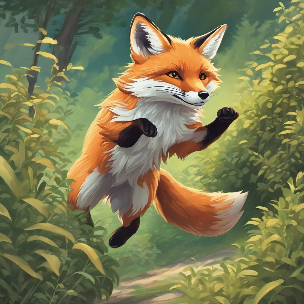 A fox jumping from behind the bushes, her tail in mid-swish, looking excited.