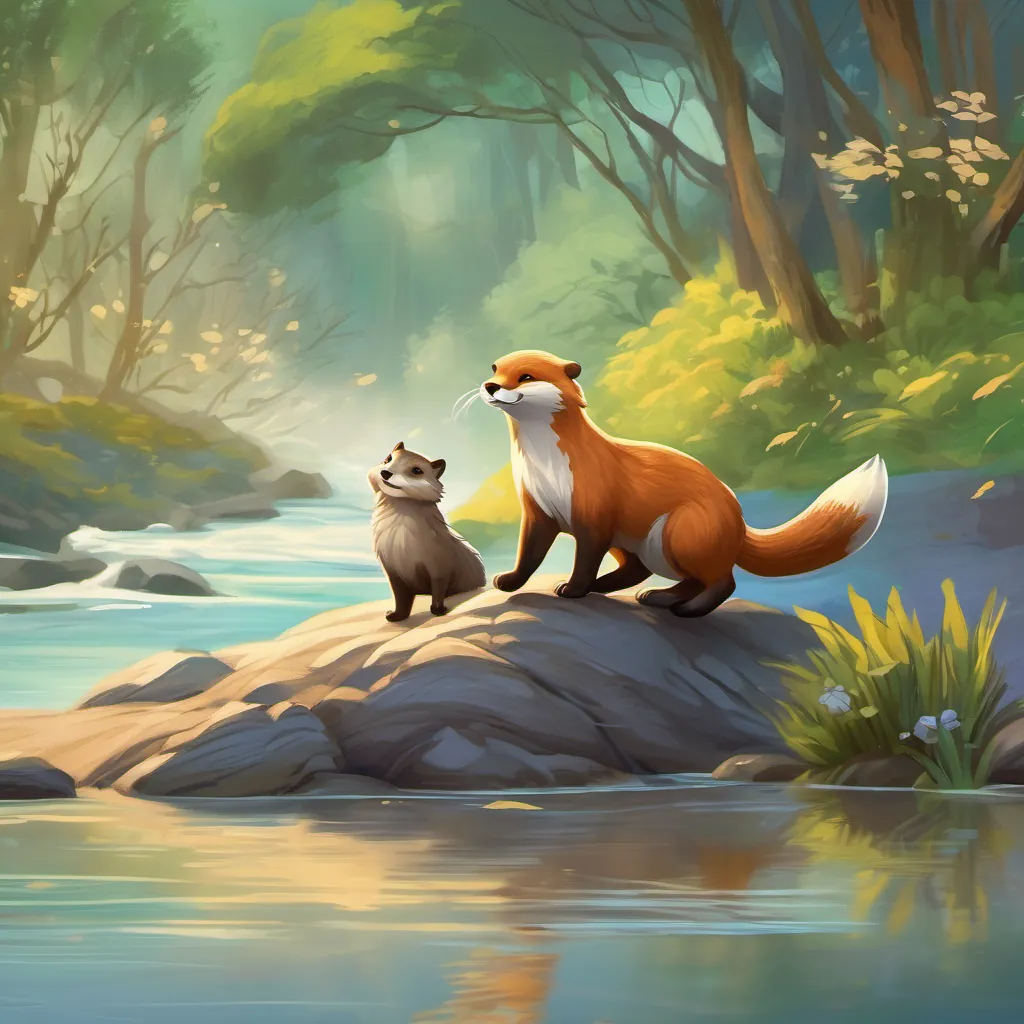 An otter and fox skipping along the riverbank, humming, with splashes and waves in the water.