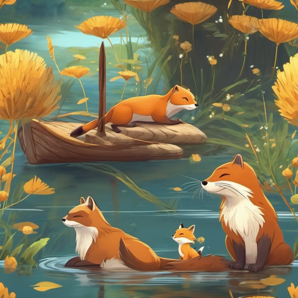 A scene of an otter and fox gathering twigs, leaves, and dandelion fluff, weaving a raft.