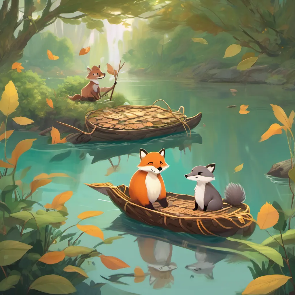 A raft made of twigs and leaves floating on a river, with an otter and fox singing together.