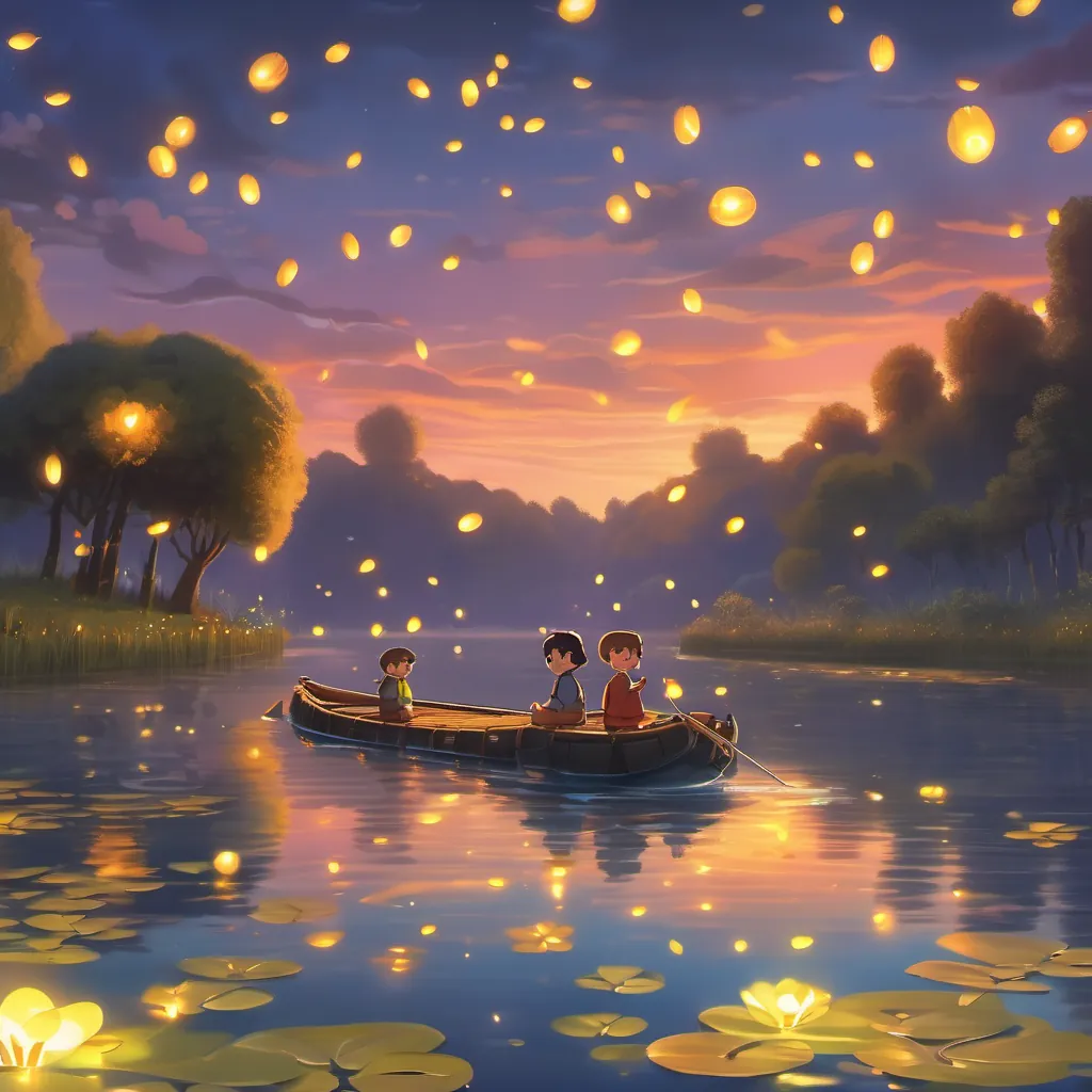 A sunset scene with fireflies dancing around a raft on the river, creating a magical atmosphere.