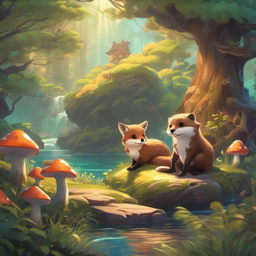 A secret island with glowing mushrooms and whispering trees, an otter and fox exploring curiously.