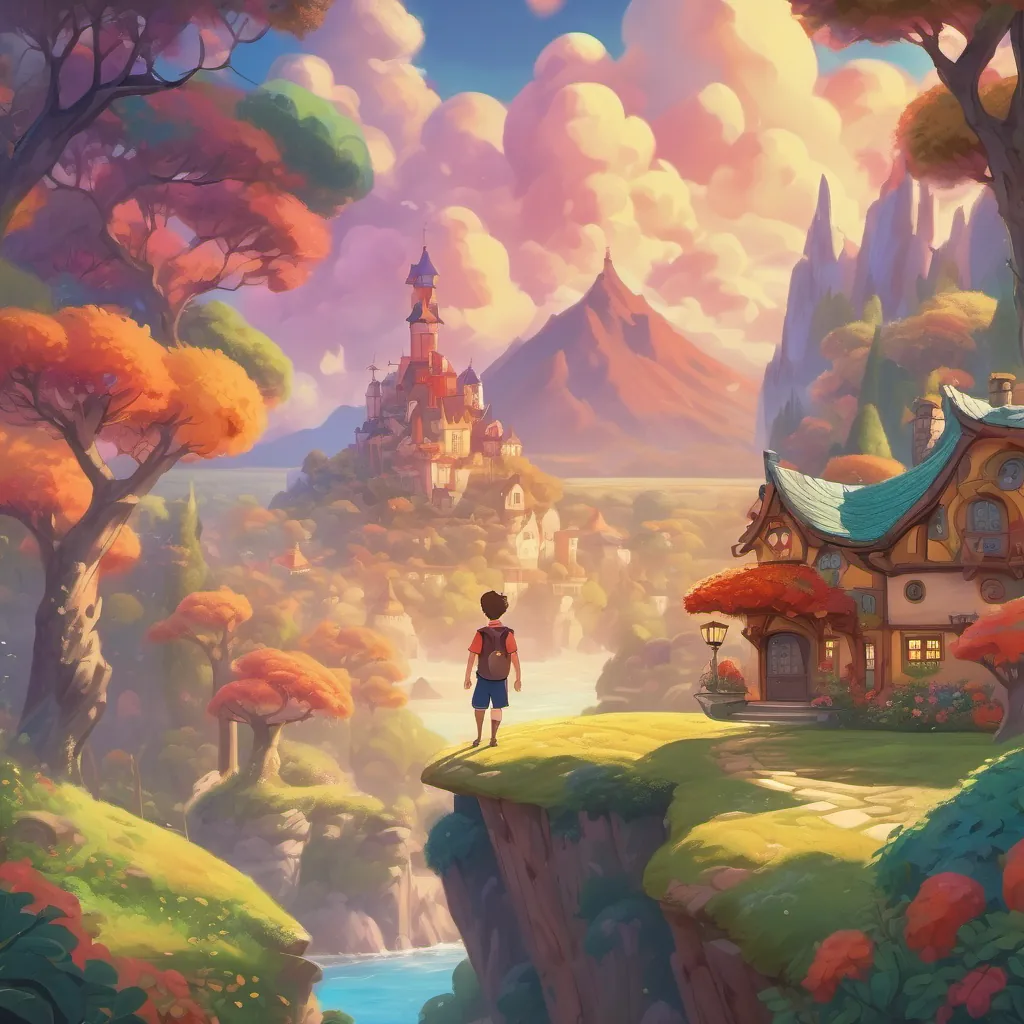 A cheerful man with a round physique stands happily in a vibrant, cartoonish fairy tale landscape.