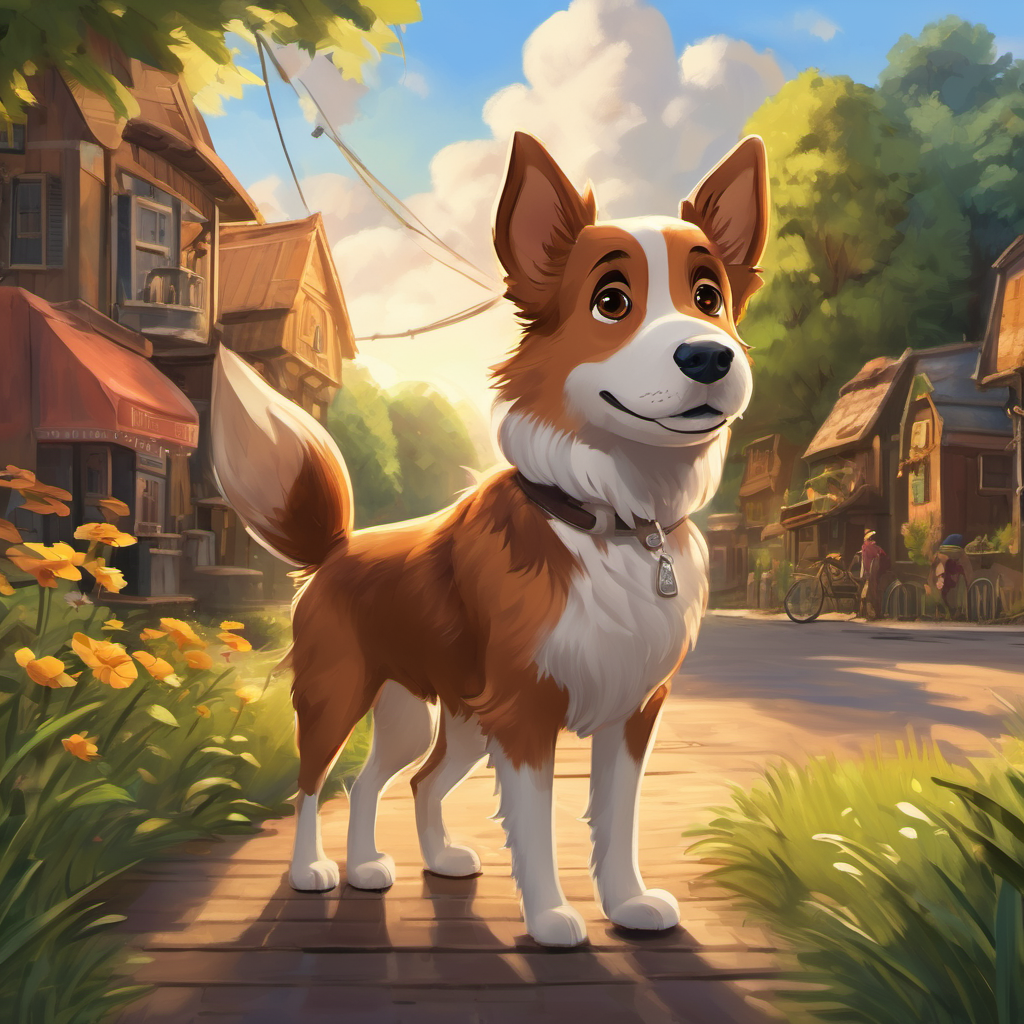 The story takes place in Barksville, a small town. Friendly dog, brown fur, sparkling brown eyes, the main character, is a friendly dog with brown fur and brown eyes.