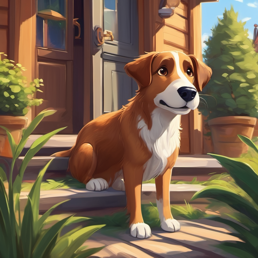 Friendly dog, brown fur, sparkling brown eyes follows a familiar scent to a cozy-looking house. He barks joyfully.