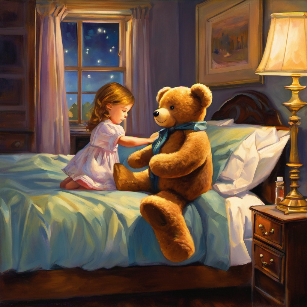 One night, as Teddy sat on Emily's dresser, he noticed that she was upset. Her little face looked sad, and Teddy couldn't bear to see his beloved friend feeling this way. He knew it was time to work his magic. Stepping off the dresser, Teddy hopped onto Emily's pillow and whispered into her ear, "Emily, don't worry, I'm here to help!" Hearing Teddy's voice, Emily's eyes fluttered open, and she was surprised to find him alive beside her.