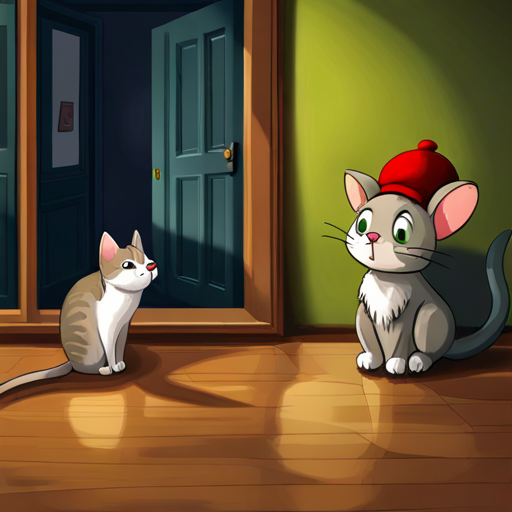 Tom, gray cat with green eyes, mischievous and Jerry, brown mouse with red hat, clever's house, small and cozy