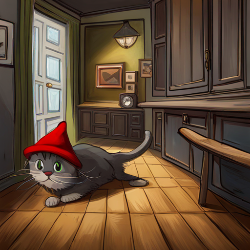 Tom, gray cat with green eyes, mischievous chasing Jerry, brown mouse with red hat, clever through the house