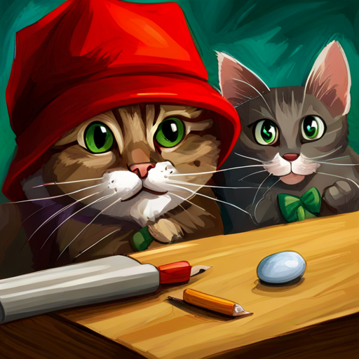 Tom, gray cat with green eyes, mischievous and Jerry, brown mouse with red hat, clever playing and having adventures