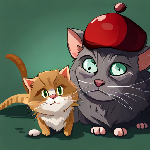 Tom, gray cat with green eyes, mischievous and Jerry, brown mouse with red hat, clever, teaming up against bigger foes
