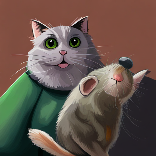 Tom, gray cat with green eyes, mischievous and Jerry, brown mouse with red hat, clever, best friends forever