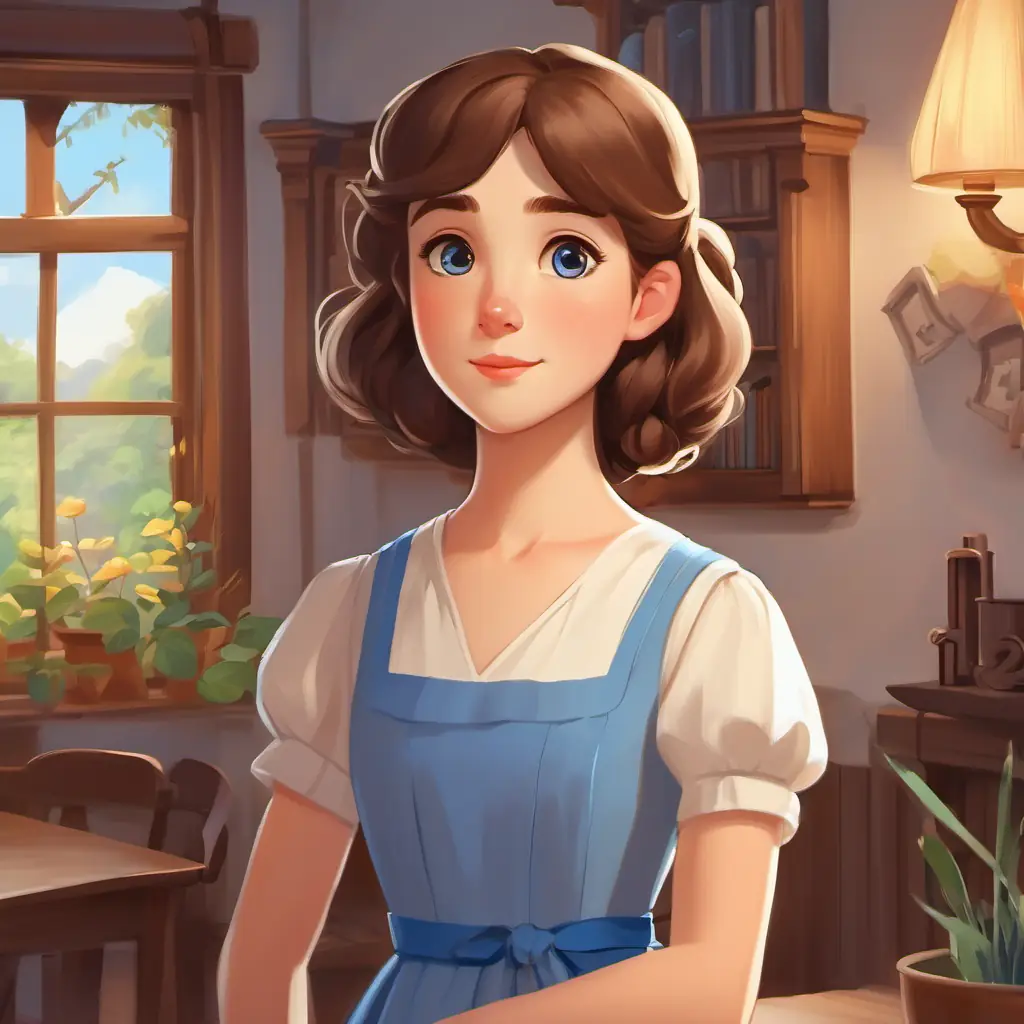 Introduce Shy, curious eyes, imaginative, brown hair, pale, wears blue dress, shy, cozy house, Maplewood Town