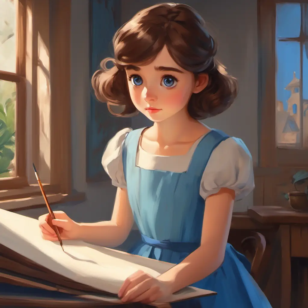 Shy, curious eyes, imaginative, brown hair, pale, wears blue dress with big eyes, painting, drawing, very focused