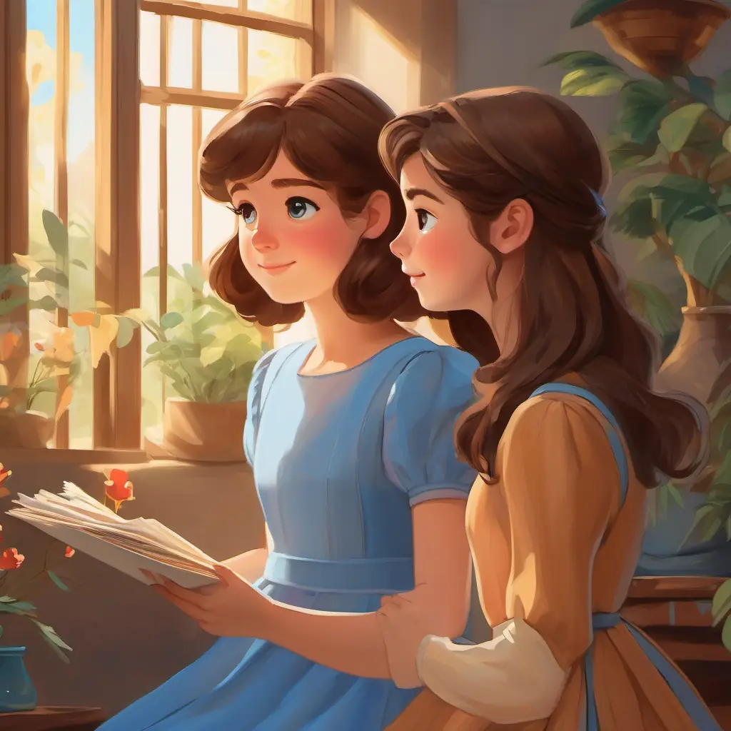 Shy, curious eyes, imaginative, brown hair, pale, wears blue dress sharing artwork, friends, joyful description