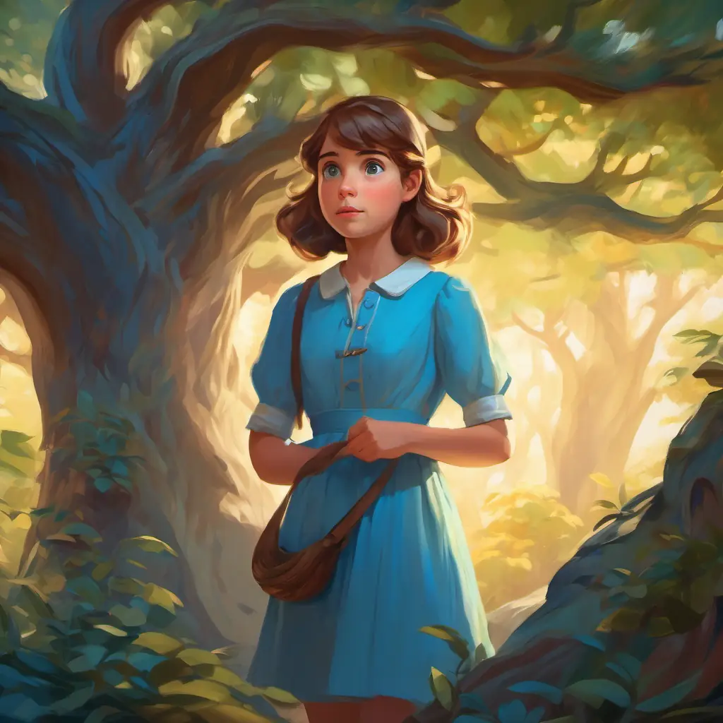 Shy, curious eyes, imaginative, brown hair, pale, wears blue dress startled, her room with imaginary dragons, talking trees