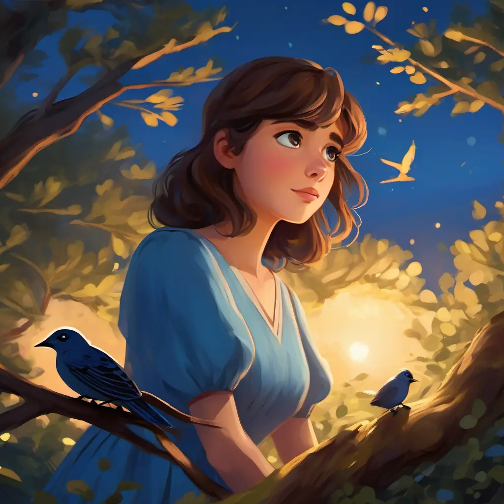 Uneasy Shy, curious eyes, imaginative, brown hair, pale, wears blue dress, bird whispering advice, night setting