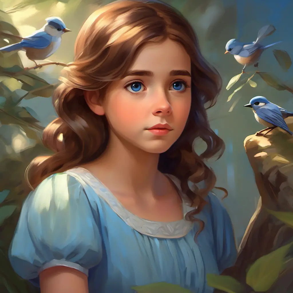 Shy, curious eyes, imaginative, brown hair, pale, wears blue dress pondering, decides to draw kind bird, moment of decision