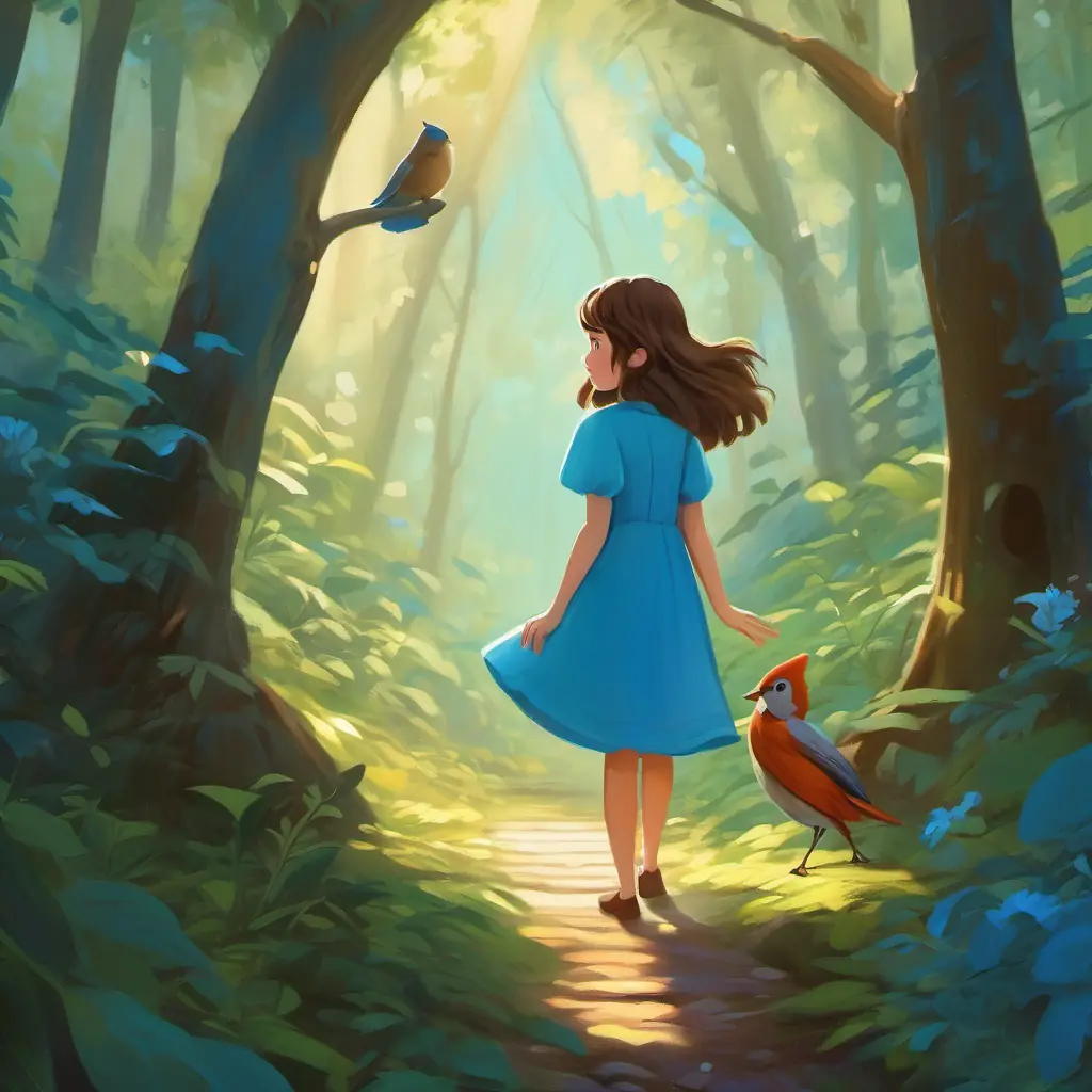 Shy, curious eyes, imaginative, brown hair, pale, wears blue dress's room becomes a forest, bird leading, transformation