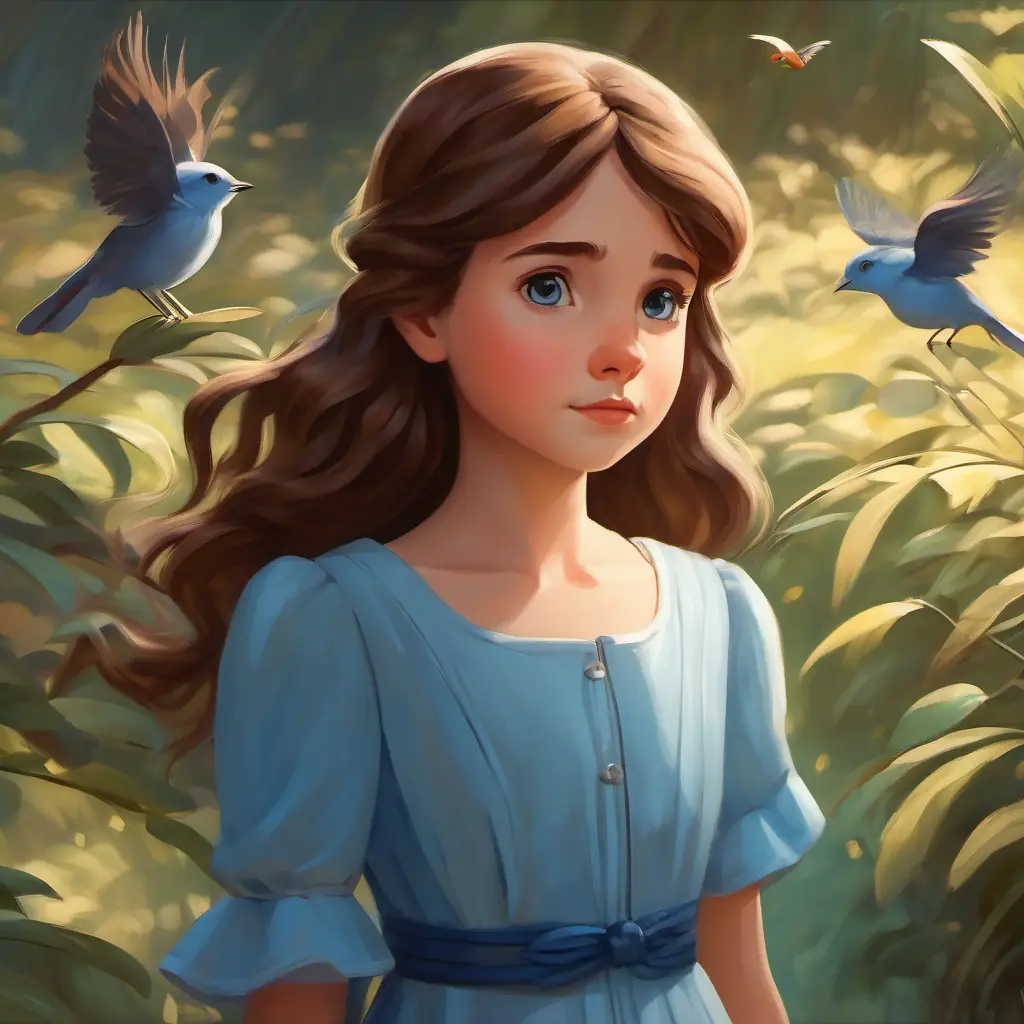 Shy, curious eyes, imaginative, brown hair, pale, wears blue dress following bird, overcoming fear, discovery