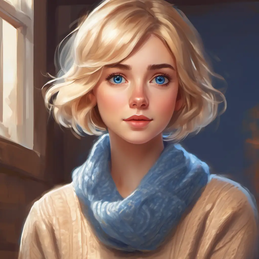 Observant, supportive, short blonde hair, blue eyes, often in a sweater notices change, Shy, curious eyes, imaginative, brown hair, pale, wears blue dress reveals her secret, confidence