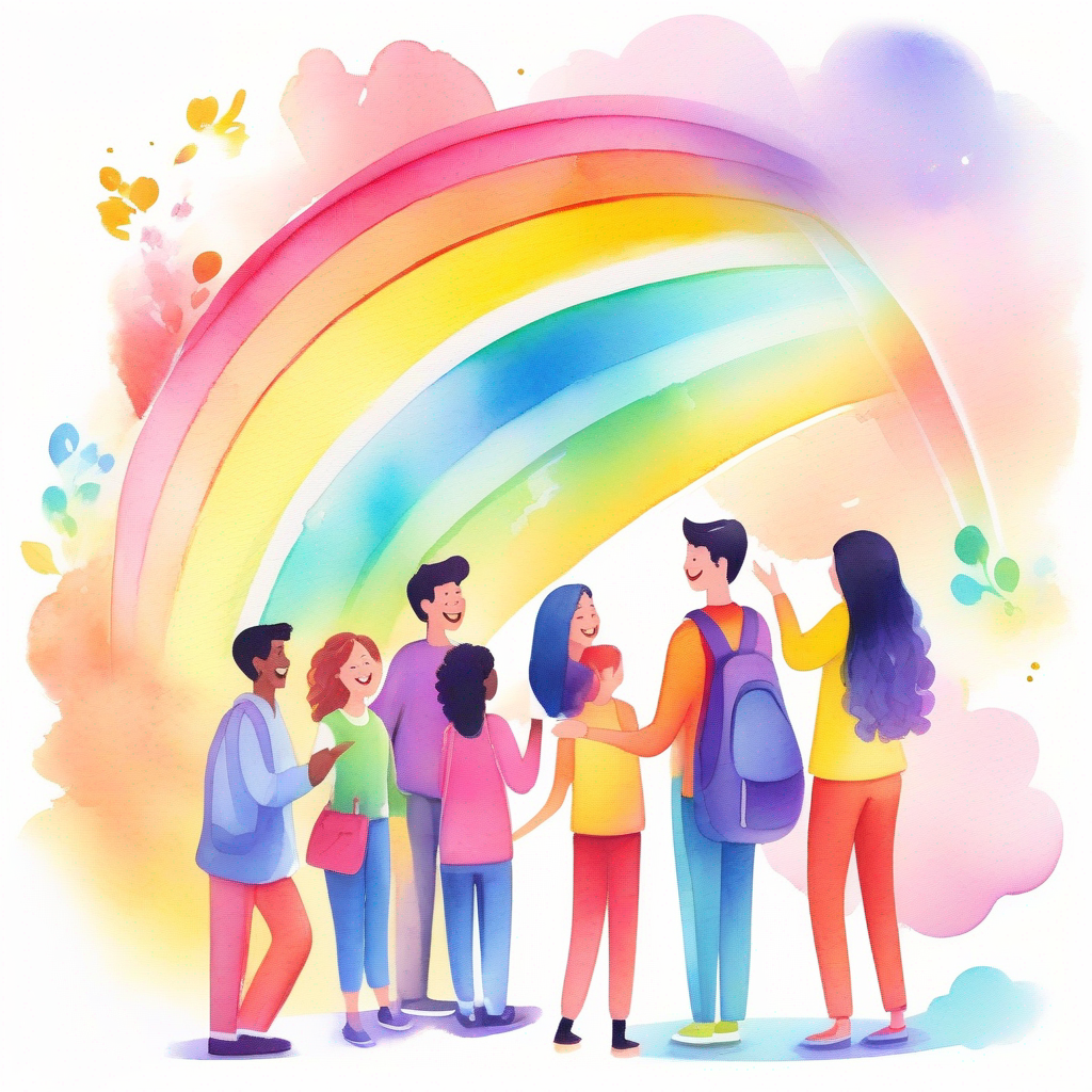 A colorful illustration showing people talking happily with the help of Friendly AI with a cheerful face and rainbow-colored body..