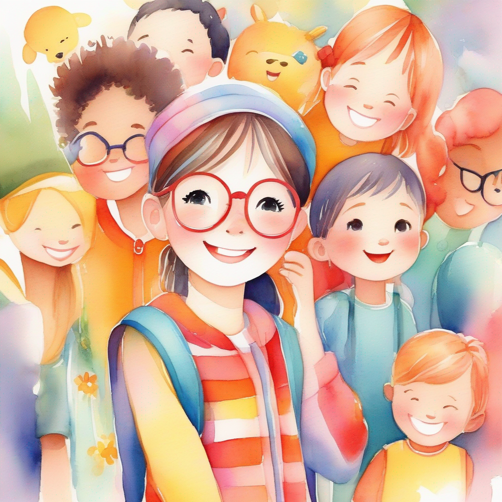 An illustration of Shy girl with a smile, wearing glasses and colorful clothes. with a smile, surrounded by her new friends.