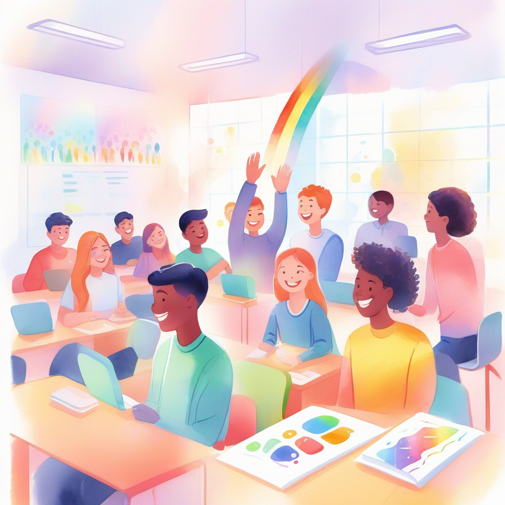 An illustration of a classroom with students using Friendly AI with a cheerful face and rainbow-colored body. during discussions.