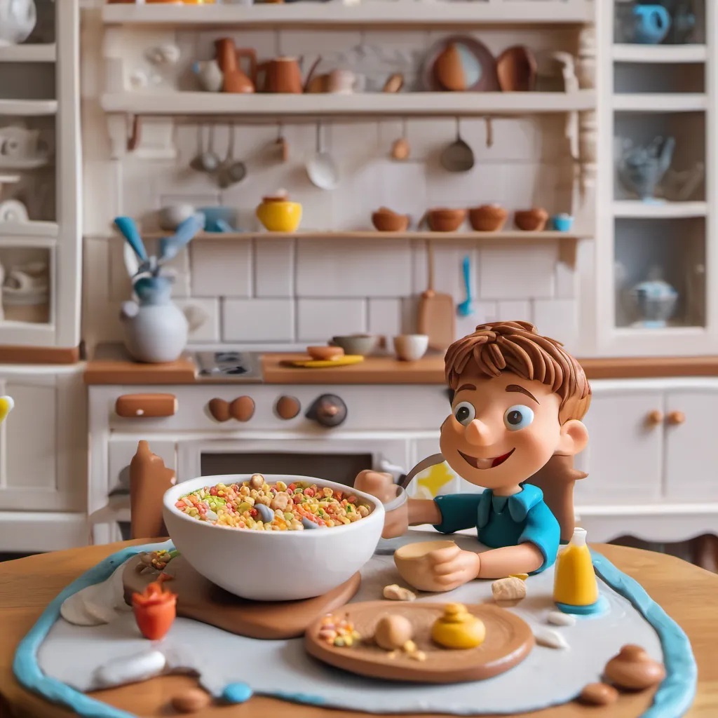 A little boy with bright eyes and a big smile sitting at a breakfast table with a bowl of cereal, the setting is a cozy kitchen.