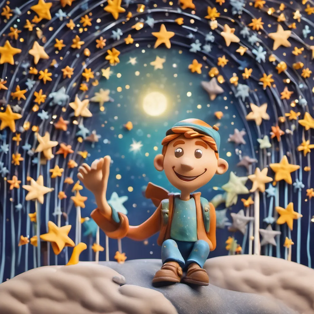 A captivating bridge made of sparkling stars stretching across a magical night sky, with A bright-eyed, curious boy with a big smile, dressed in casual clothes, showing excitement and energy standing at its edge.