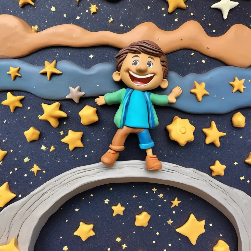 A bright-eyed, curious boy with a big smile, dressed in casual clothes, showing excitement and energy happily crossing a shimmering bridge of stars as the night sky sparkles brightly.