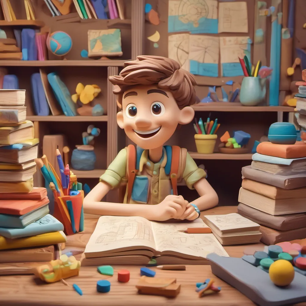 A bright-eyed, curious boy with a big smile, dressed in casual clothes, showing excitement and energy happily solving math problems at his desk, surrounded by books, pencils, and papers, with a dreamy atmosphere around him.