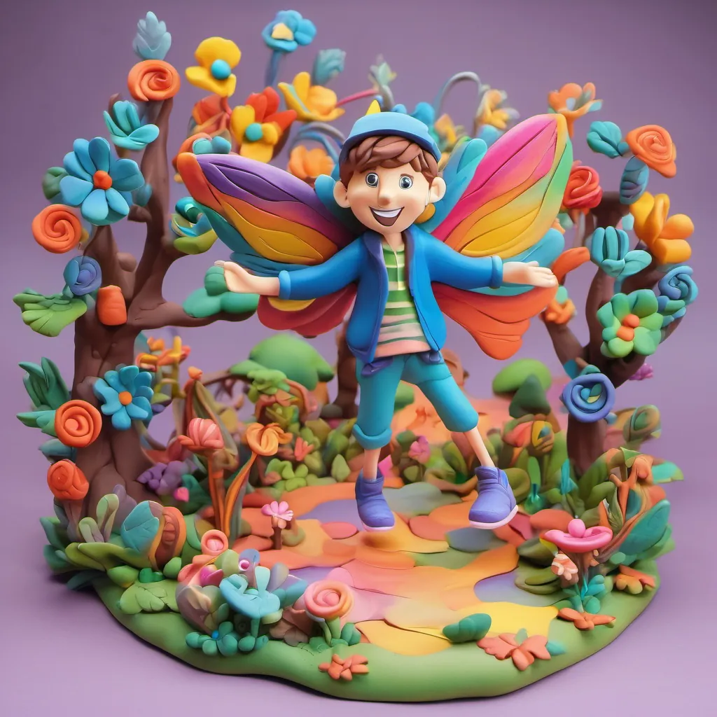 A colorful fairy with number-shaped wings, floating in front of A bright-eyed, curious boy with a big smile, dressed in casual clothes, showing excitement and energy, in a vibrant, magical landscape.