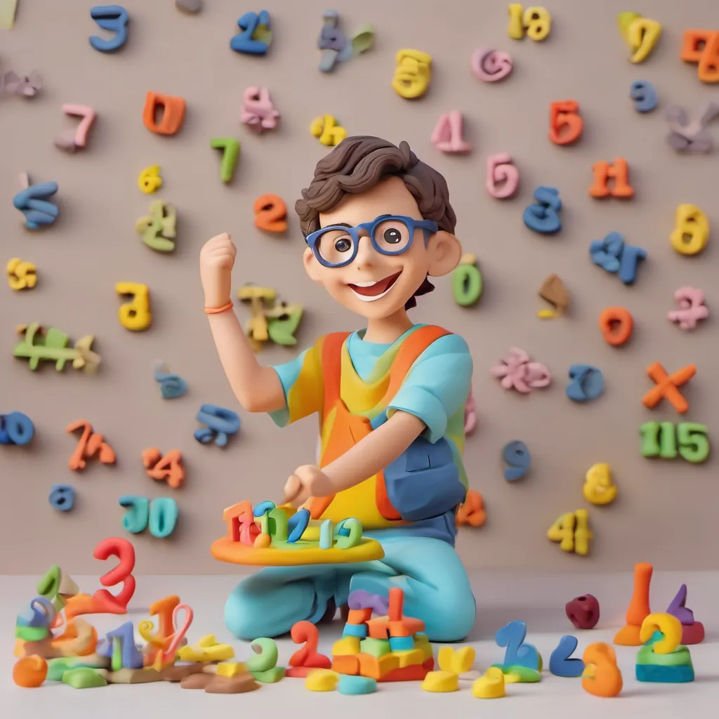 A bright-eyed, curious boy with a big smile, dressed in casual clothes, showing excitement and energy cheerfully solving a simple math puzzle with numbers appearing above him and a fairy clapping in the background.