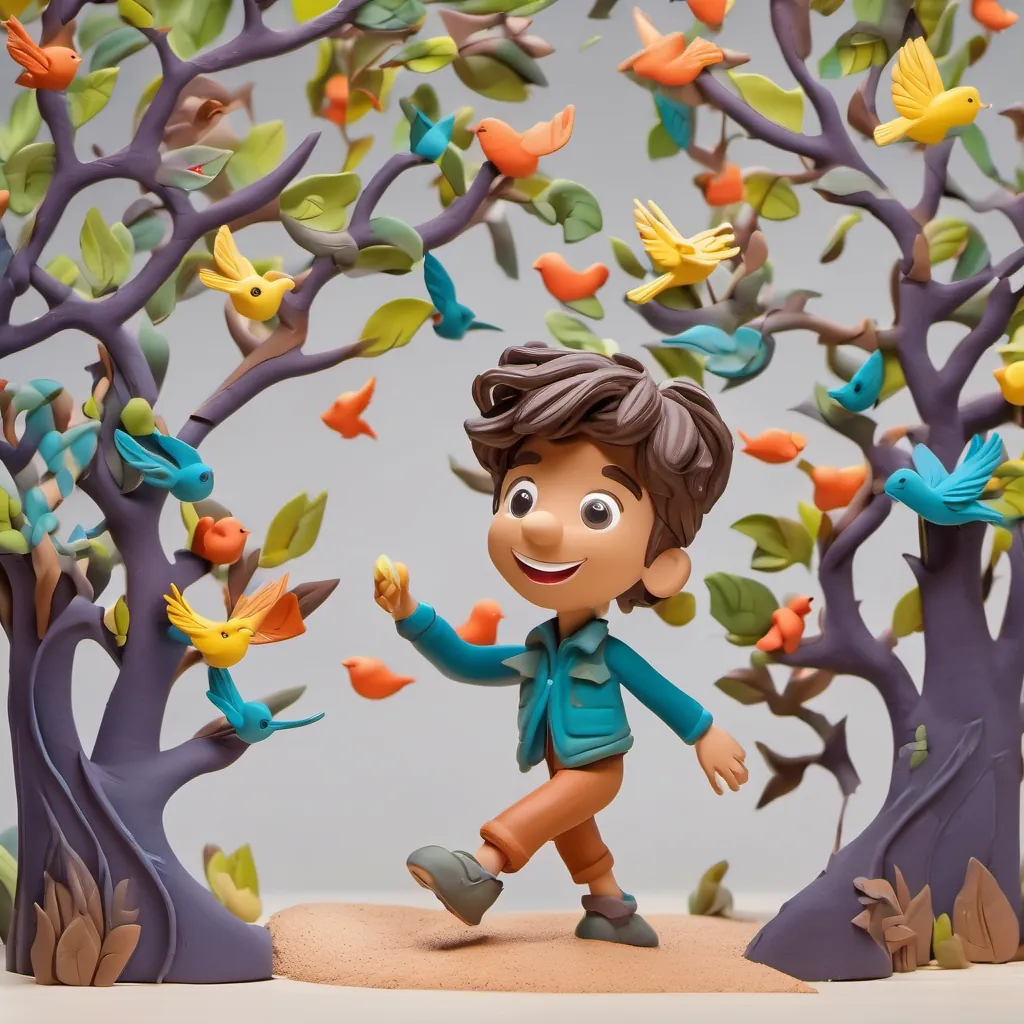 A bright-eyed, curious boy with a big smile, dressed in casual clothes, showing excitement and energy walking through an enchanted forest with trees and leaves subtly shaped like numbers and birds singing overhead.