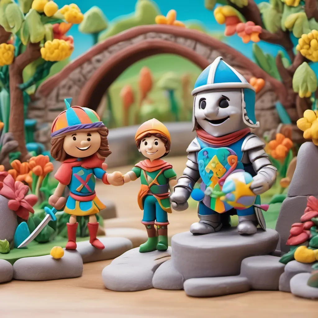 A friendly knight dressed in colorful armor and speaking to A bright-eyed, curious boy with a big smile, dressed in casual clothes, showing excitement and energy near a whimsical bridge in a math-themed landscape.