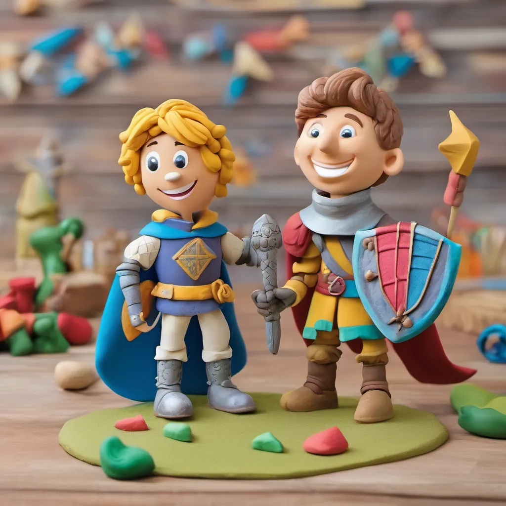 A bright-eyed, curious boy with a big smile, dressed in casual clothes, showing excitement and energy solving a math riddle with A friendly knight dressed in colorful, slightly silly armor, always smiling and ready to share a rhyme smiling approvingly beside him.