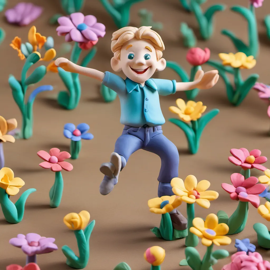 Flowers giggling and dancing in a lively meadow as A bright-eyed, curious boy with a big smile, dressed in casual clothes, showing excitement and energy counts their petals with joy.