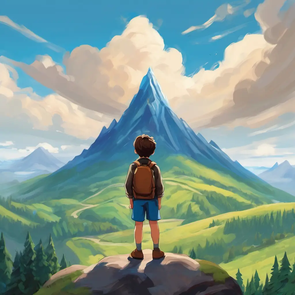 Timmy is a little boy with brown hair and blue eyes standing at the bottom of Motivation Mountain, looking up at the tall peak.